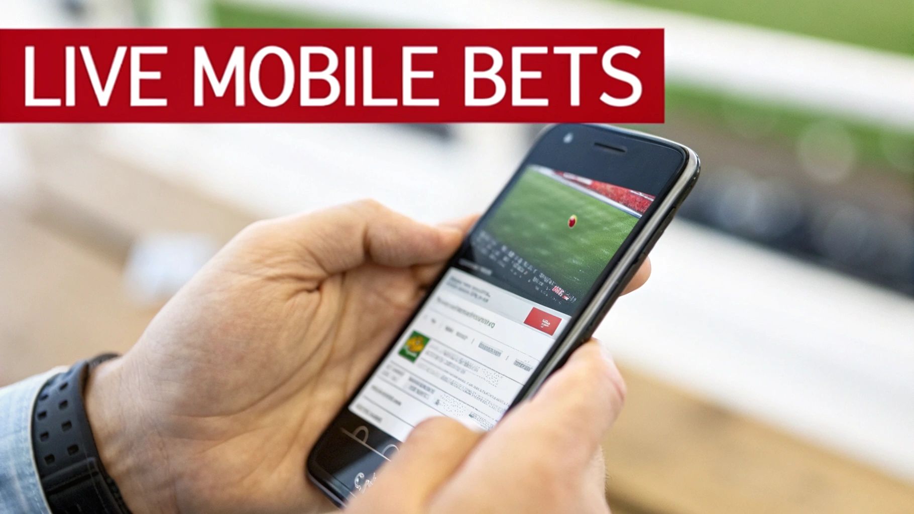 A person's hands holding a smartphone displaying a live football game and mobile betting options.