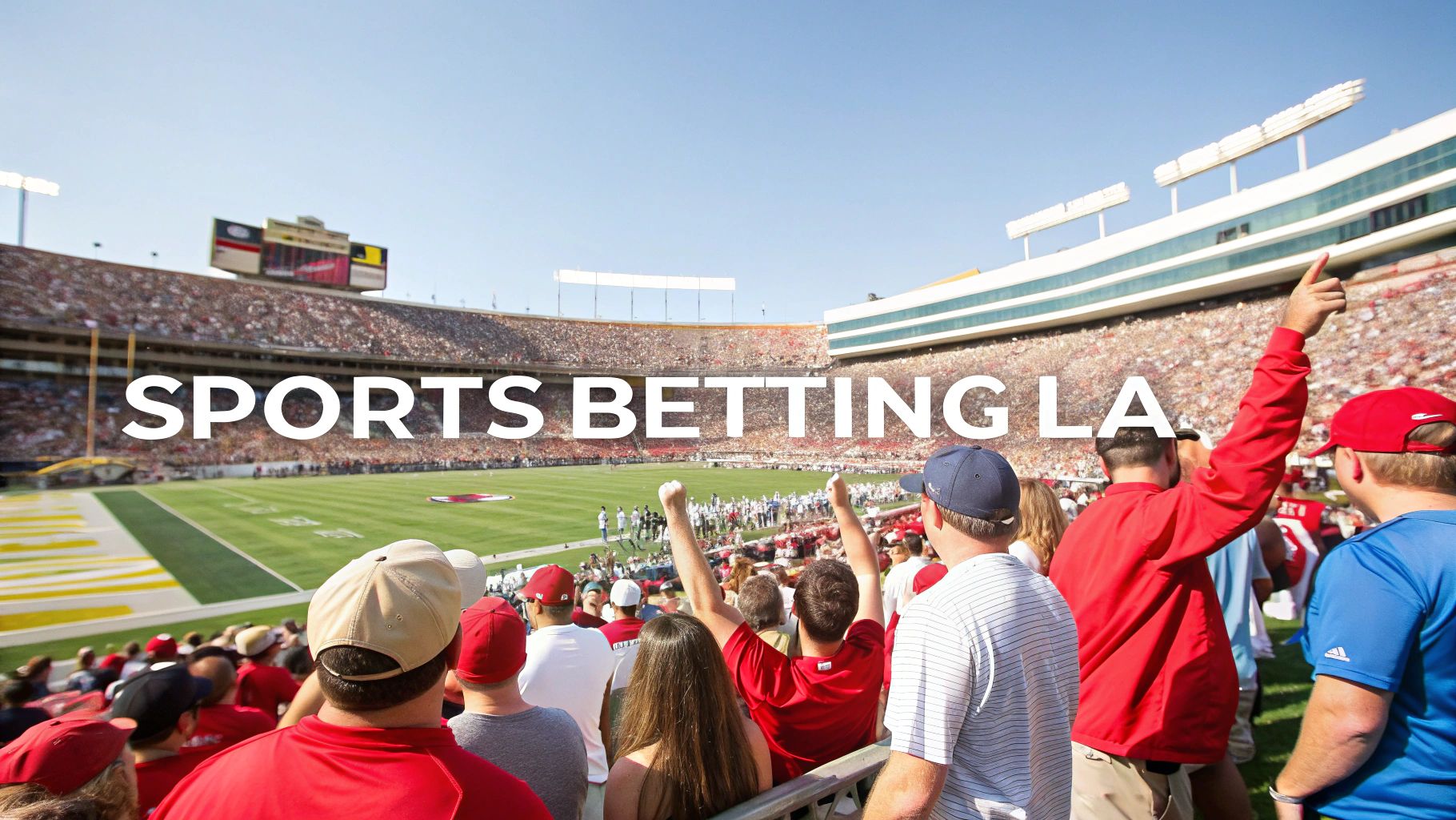 Excited sports fans cheering at packed football stadium during game day in Los Angeles