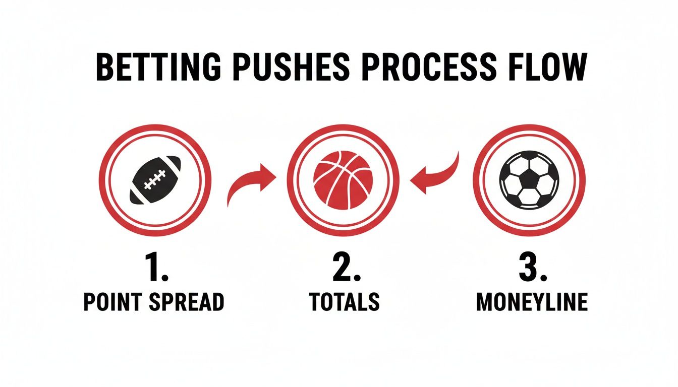 Betting pushes process flow with icons for Point Spread, Totals, and Moneyline wagers.