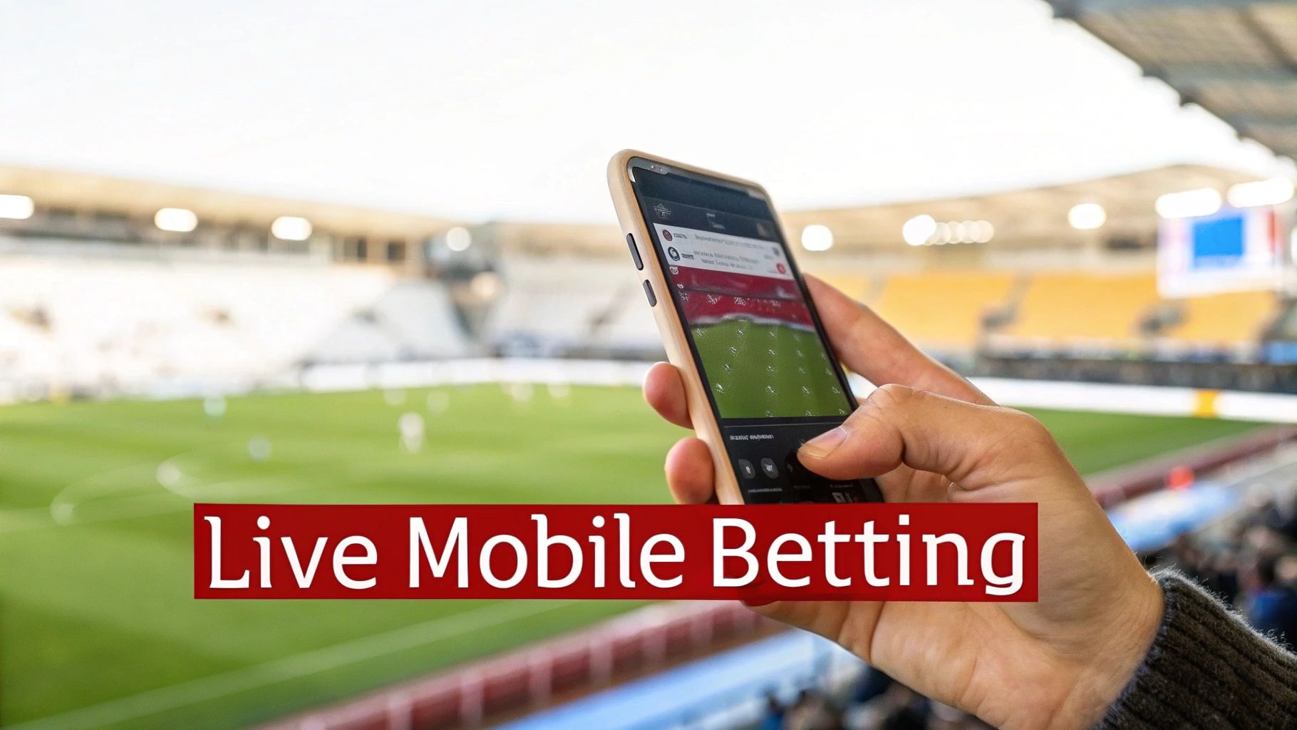 Delaware Sports Betting Online Your Ultimate Guide 4 A person's hand holds a smartphone displaying a live mobile betting app at a blurred football stadium.