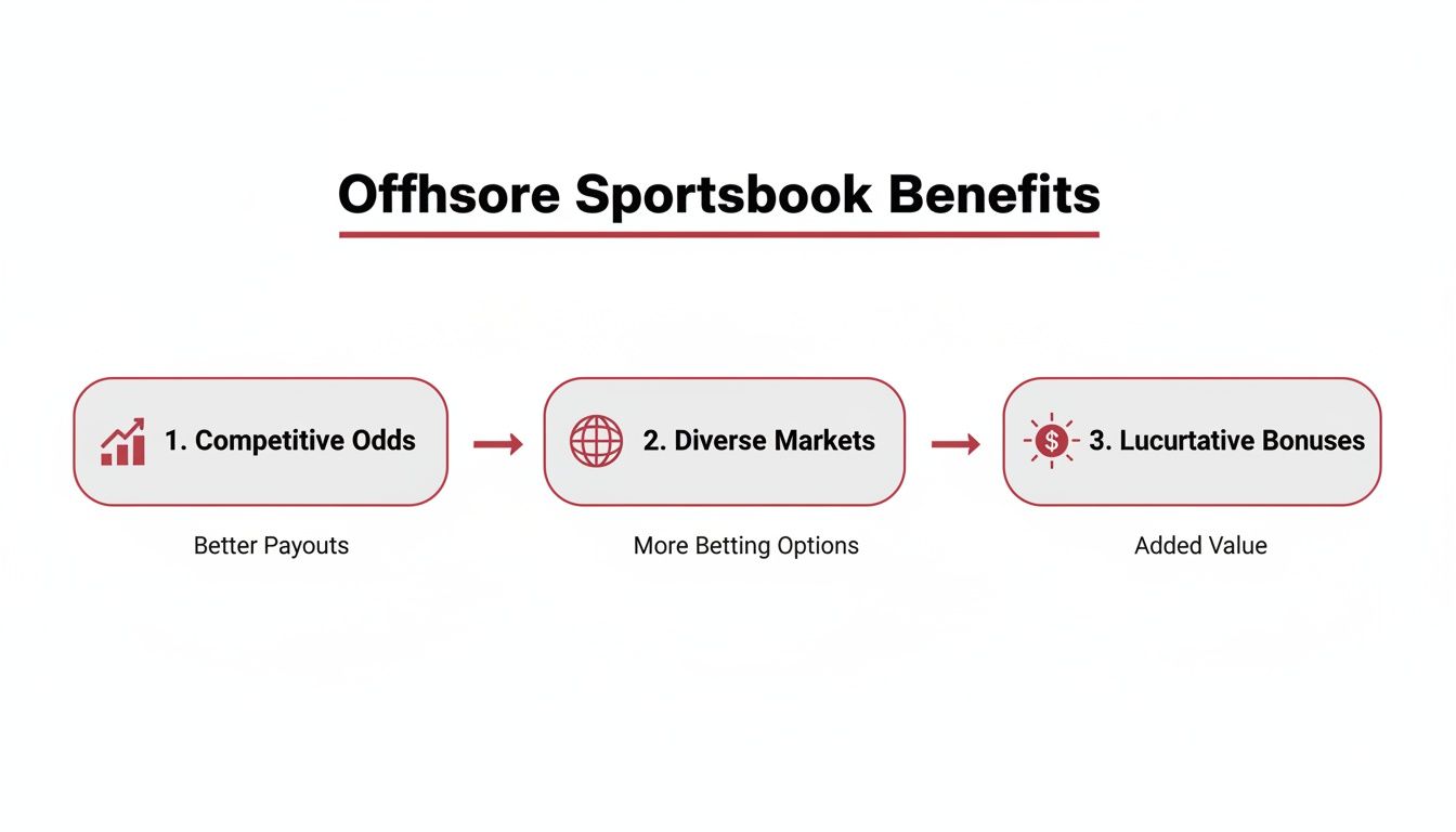 A diagram outlining offshore sportsbook benefits: competitive odds, diverse markets, and lucrative bonuses.