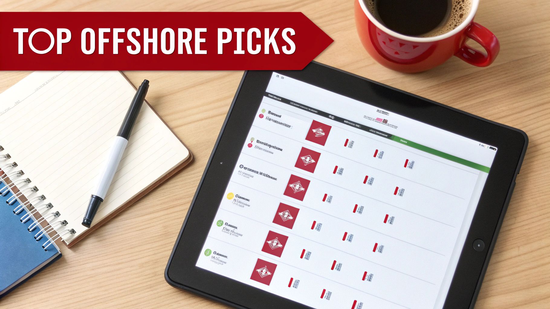 A red banner with 'TOP OFFSHORE PICKS' displayed above a tablet, notebook, pen, and coffee.