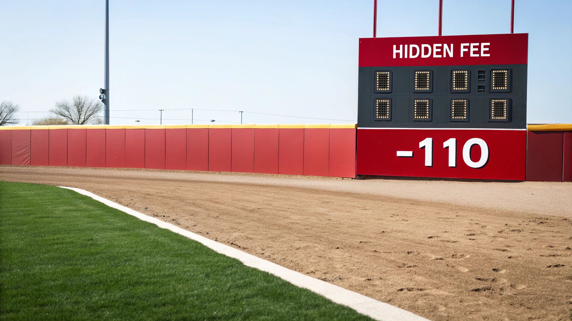 A baseball field's outfield wall with a red scoreboard displaying "HIDDEN FEE" and "-110".