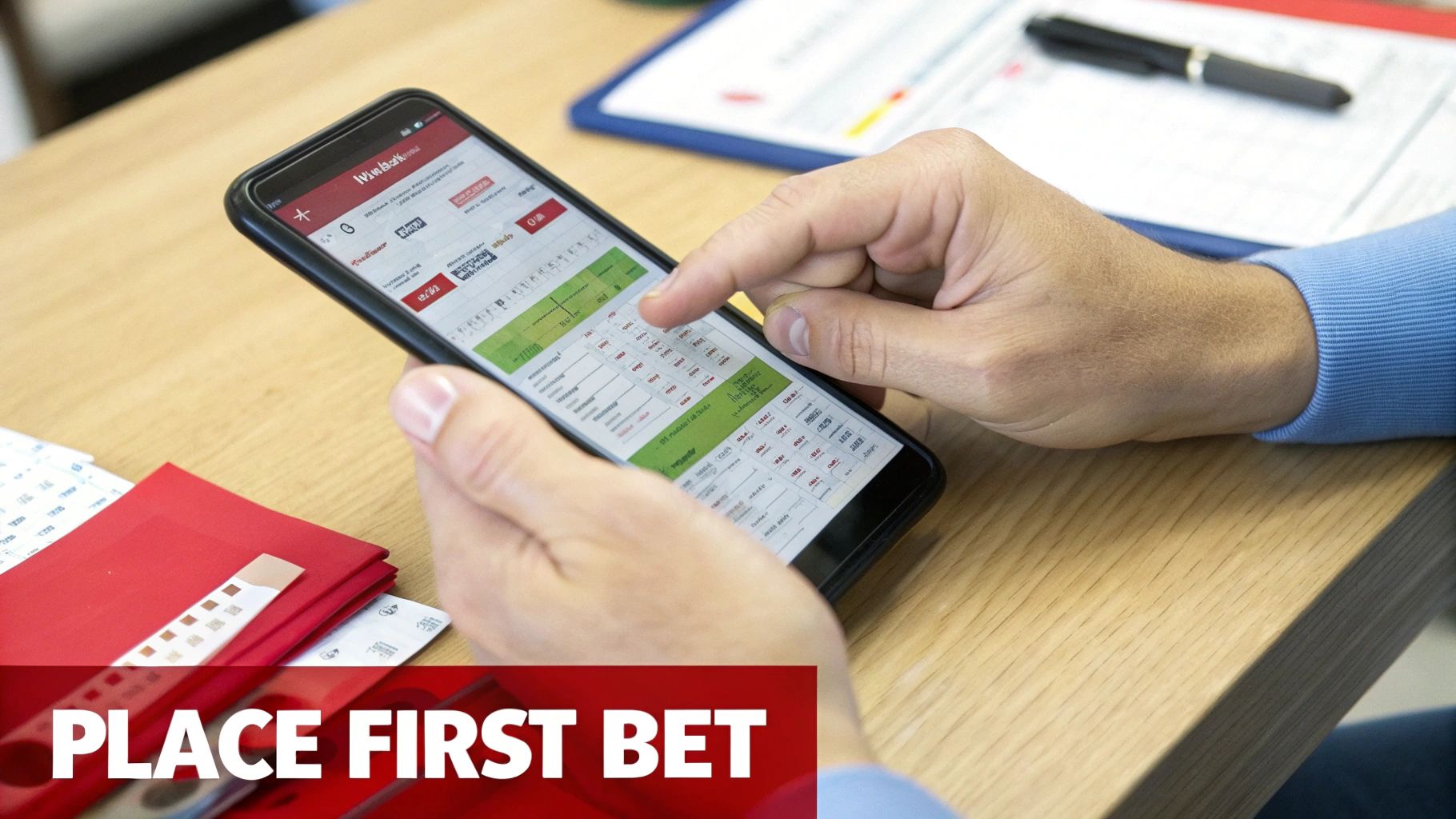 A person is holding a smartphone, actively engaging with a sports betting app on a wooden table.
