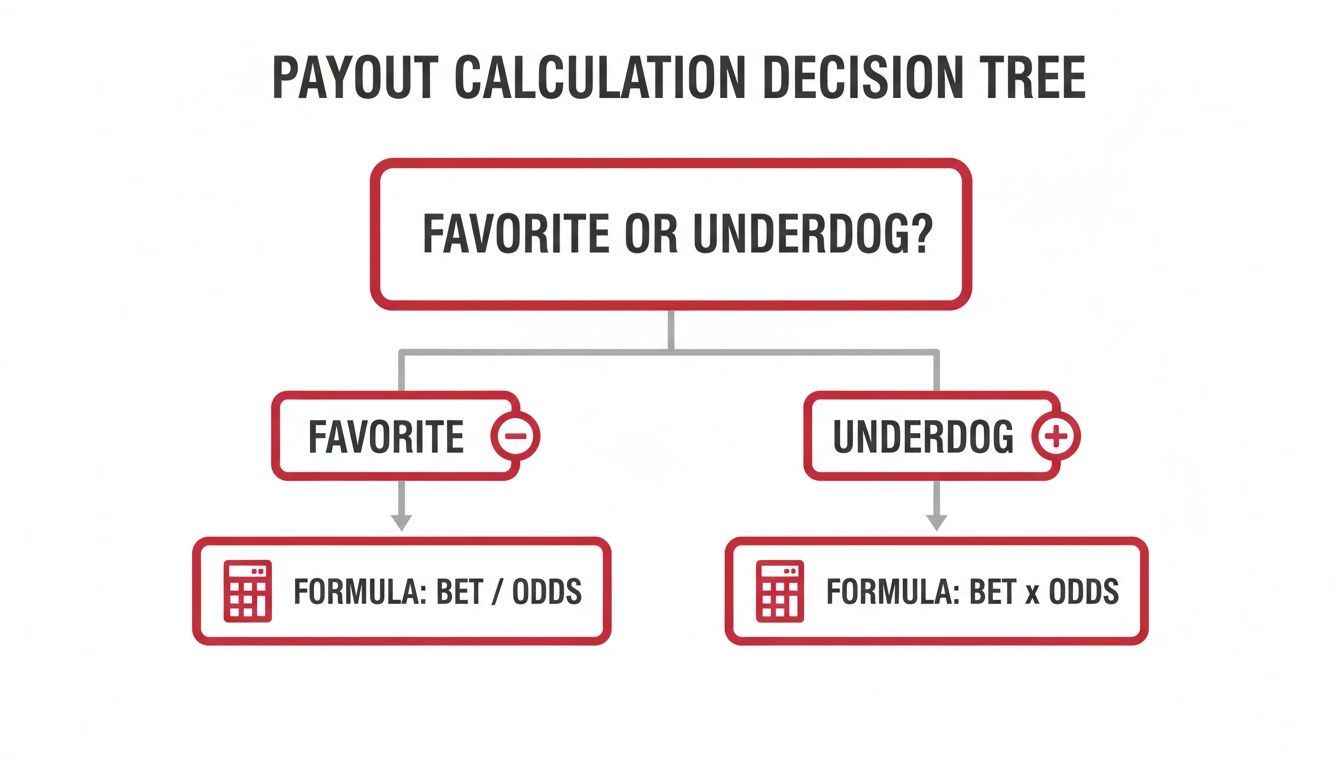 What Is The Money Line In Betting Explained 3 Decision tree illustrating payout calculation for sports betting based on favorite or underdog status.