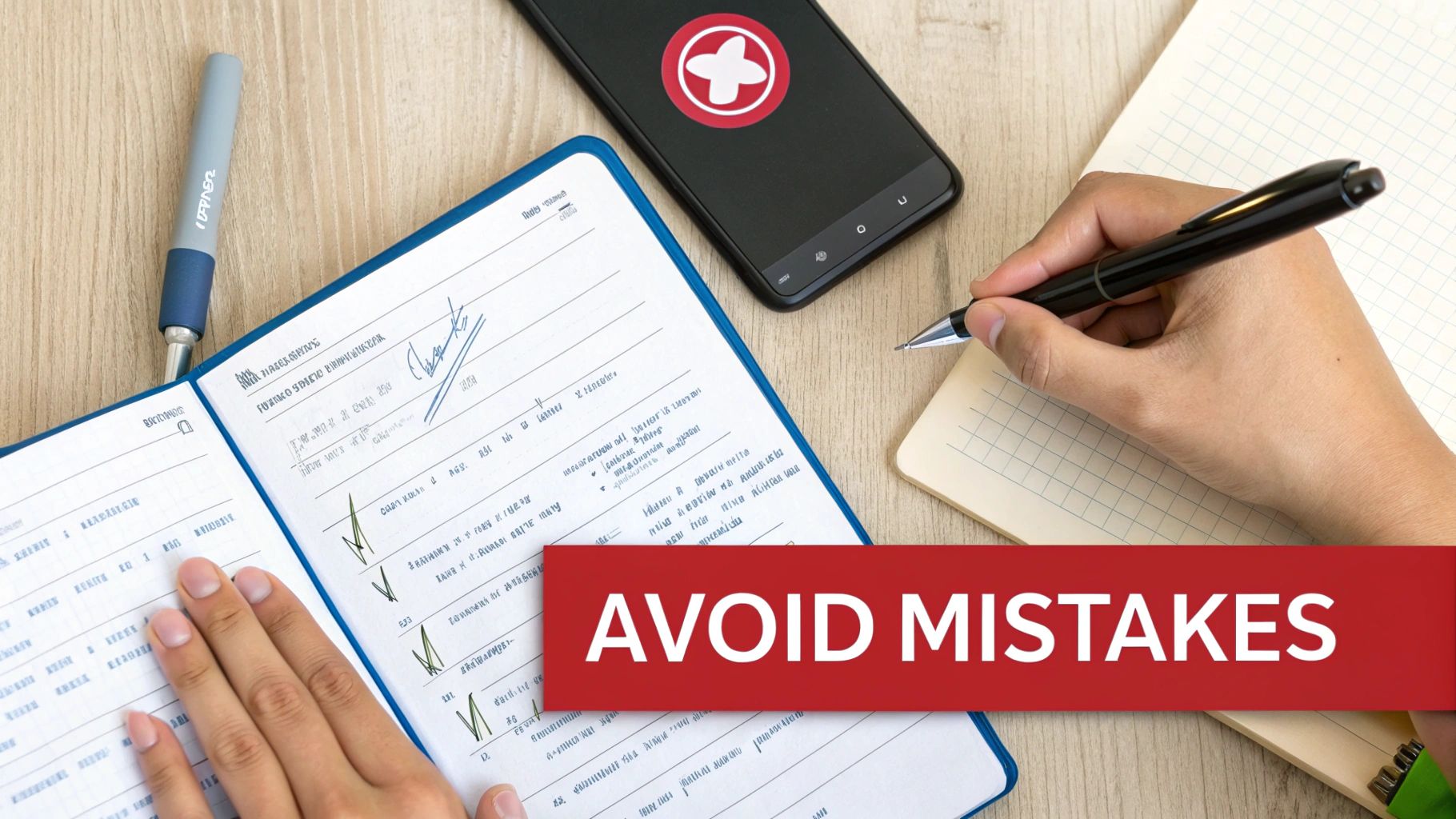 A person writing in a notebook next to a smartphone with a health app icon, highlighting 'AVOID MISTAKES'.