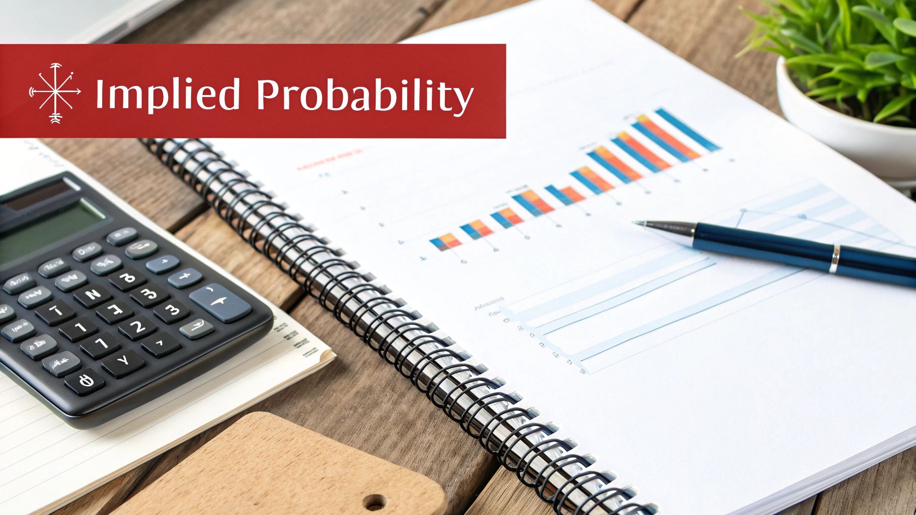 A calculator, notebook with bar graphs, pen, and plant on a wooden desk with 'Implied Probability' banner.