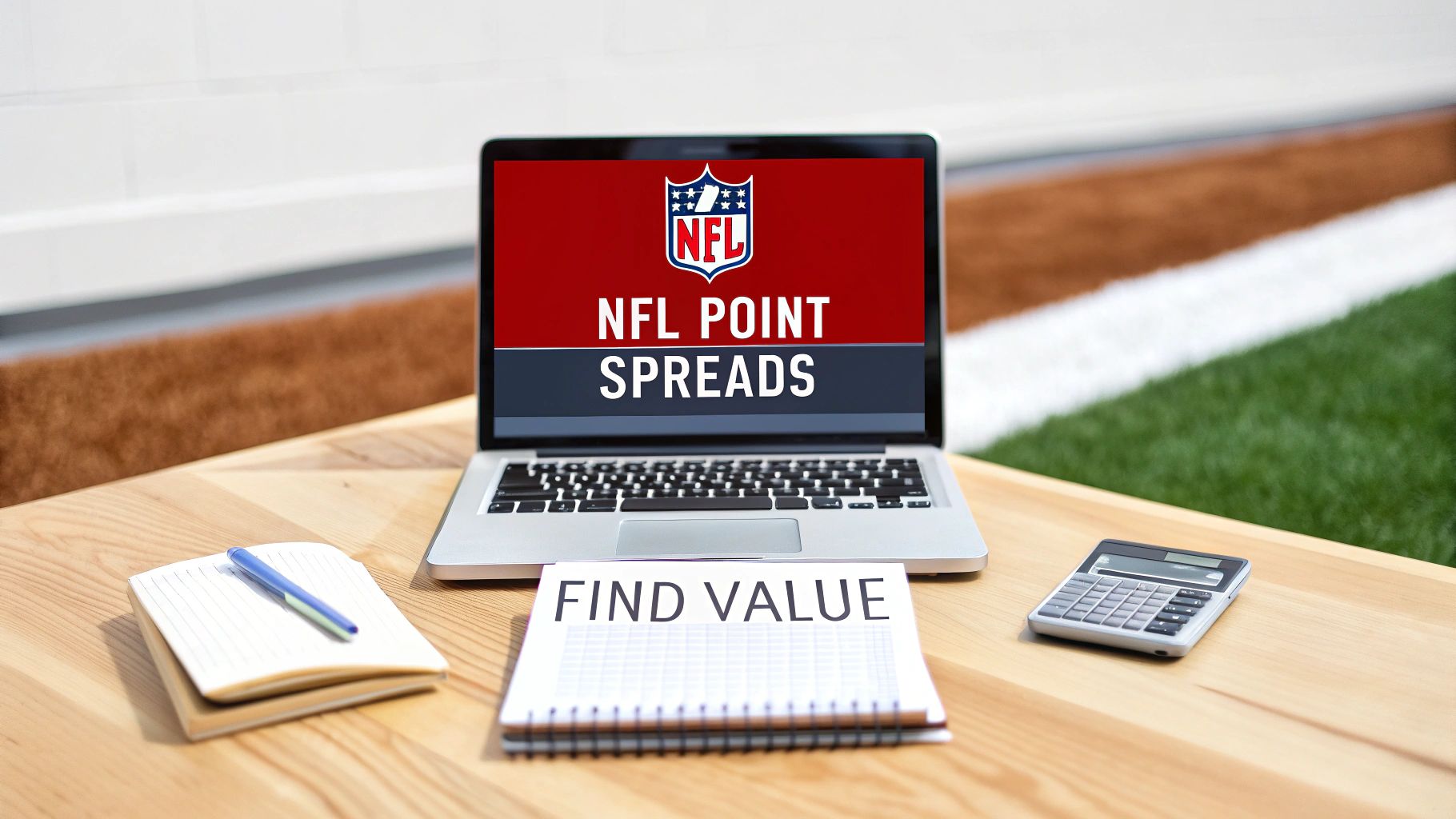 A desk with a laptop displaying NFL Point Spreads, a 'Find Value' notebook, and a calculator.
