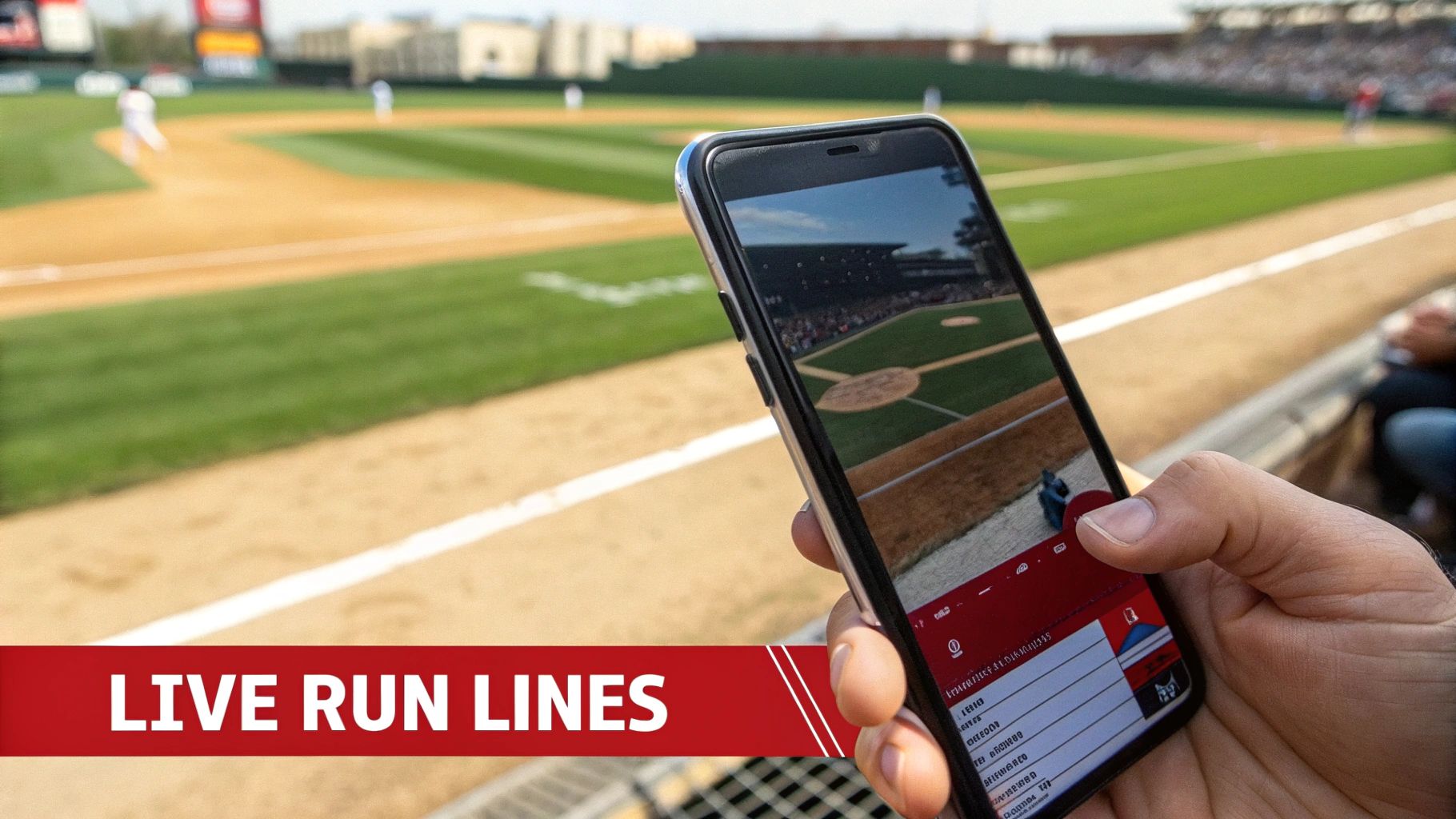 What Does Run Line Mean in Baseball: A Clear Guide to Bets and Spreads 4 A person holds a smartphone at a baseball game, displaying live run lines and a game on screen.