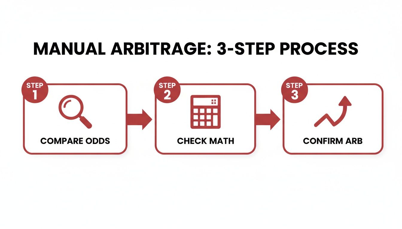 A three-step manual arbitrage process: compare odds, check math, and confirm arbitrage.