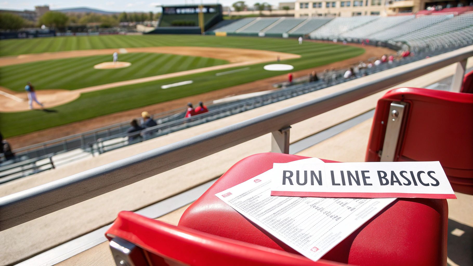 A baseball stadium view from the stands, featuring a 'RUN LINE BASICS' guide on a red seat.