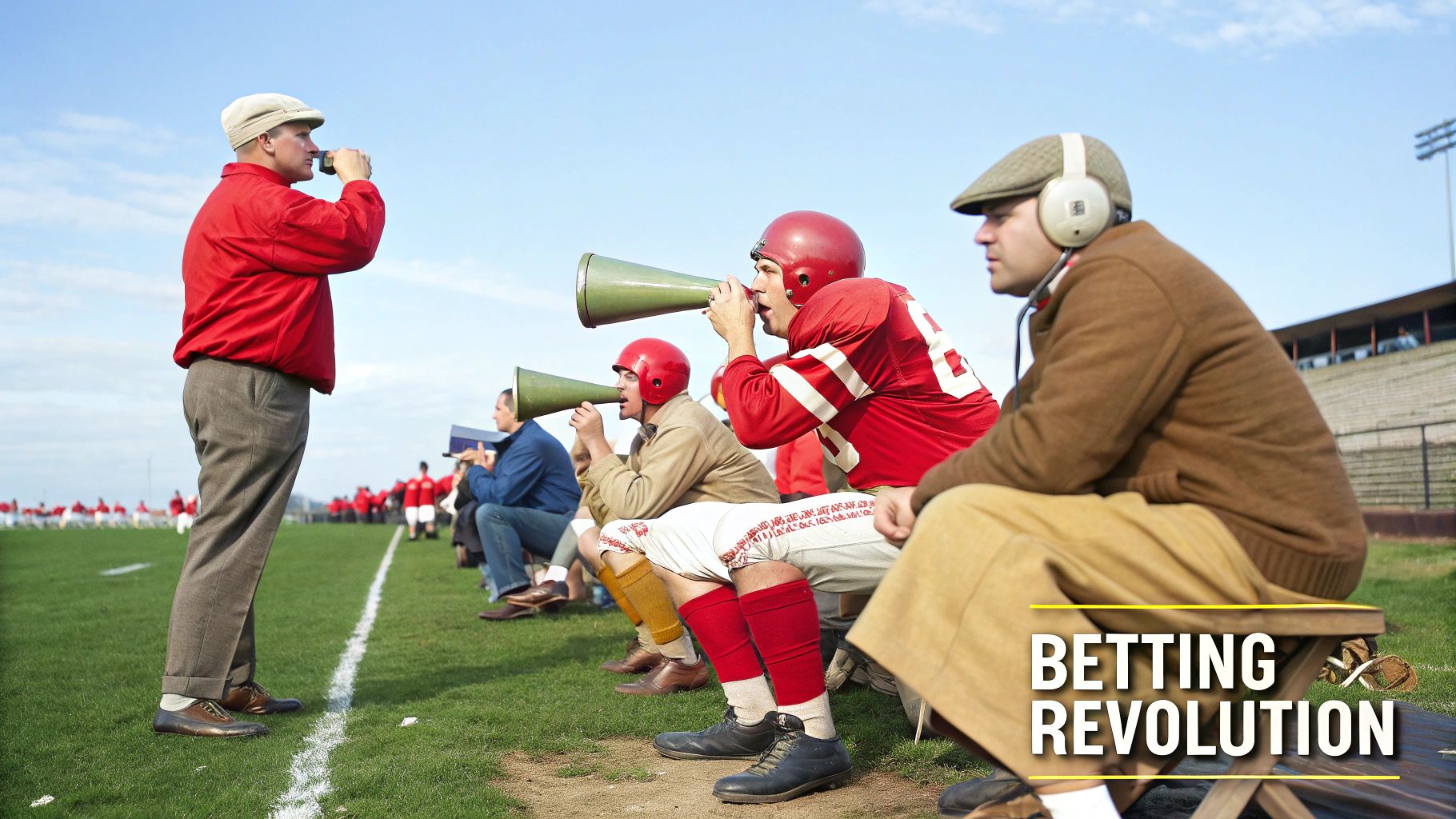 Vintage black and white photo of a football game, evoking a historical feel for the origins of point spread betting.