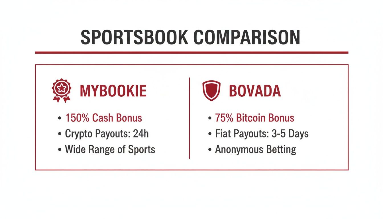 MyBookie vs Bovada: A Deep Dive Into Offshore Betting Giants 1 A comparison chart of MyBookie and Bovada sportsbooks, highlighting their bonuses, payouts, and features.