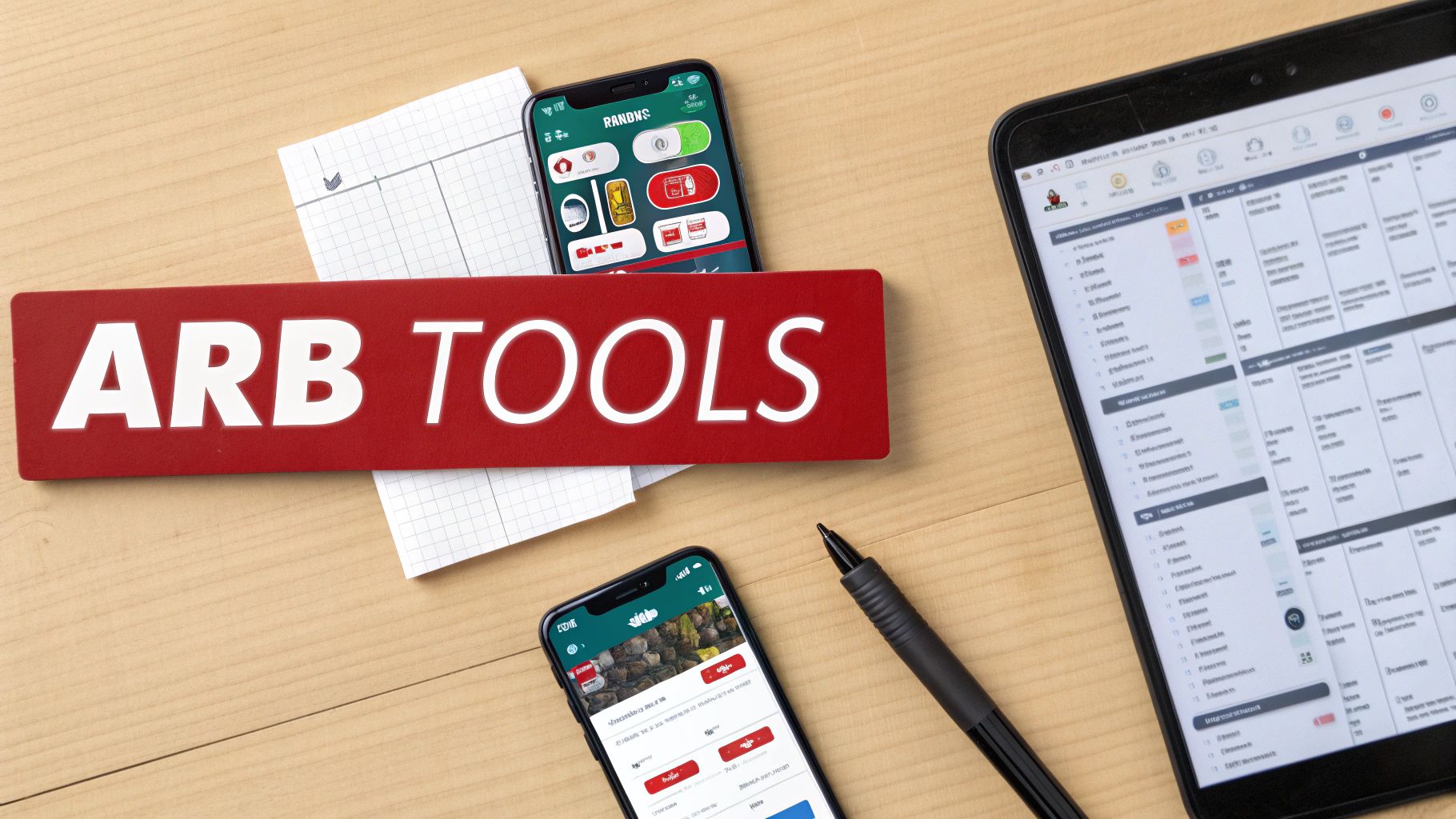 An overhead view of a desk with a 'ARB TOOLS' sign, smartphones, and a tablet displaying betting interfaces.