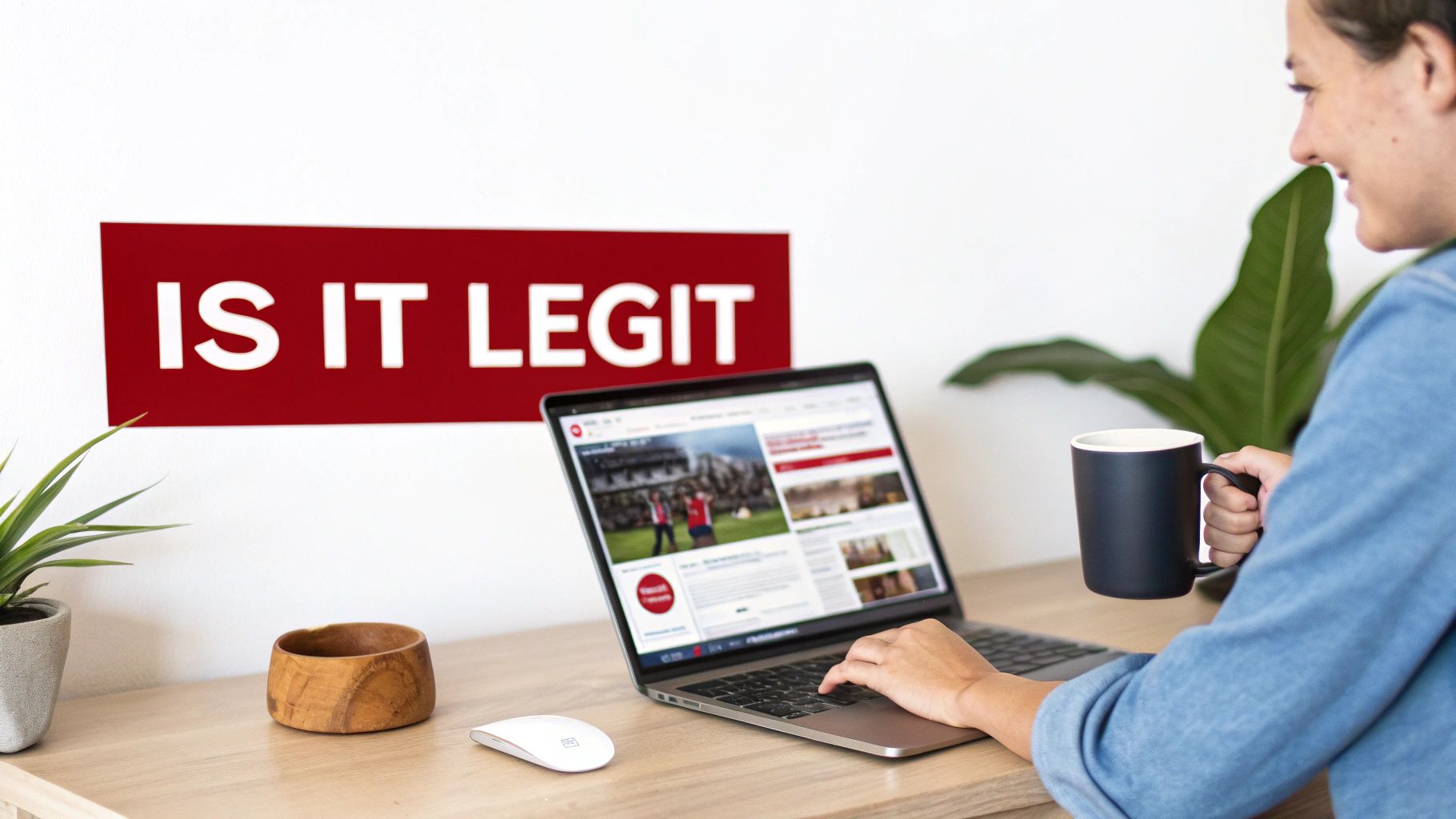 A smiling person sits at a desk using a laptop, with a red 'IS IT LEGIT' sign on the wall.