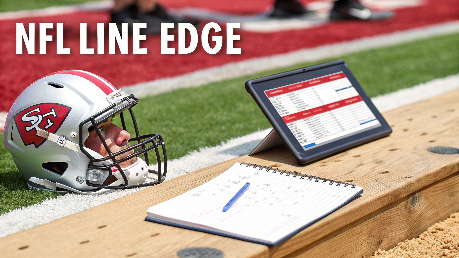 NFL helmet, tablet displaying data, and notebook on a sideline bench with 'NFL LINE EDGE' text.