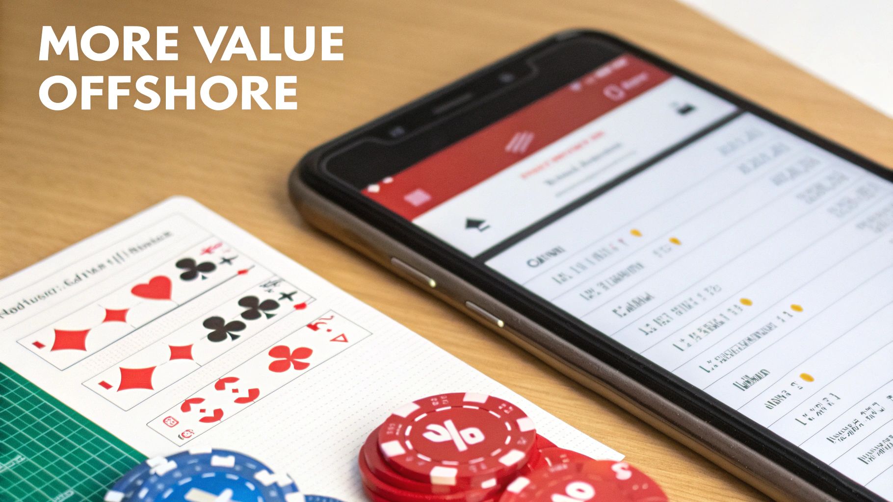 Delaware Sports Betting Online Your Ultimate Guide 3 A smartphone displays an app, poker chips, and playing card suits on a table.