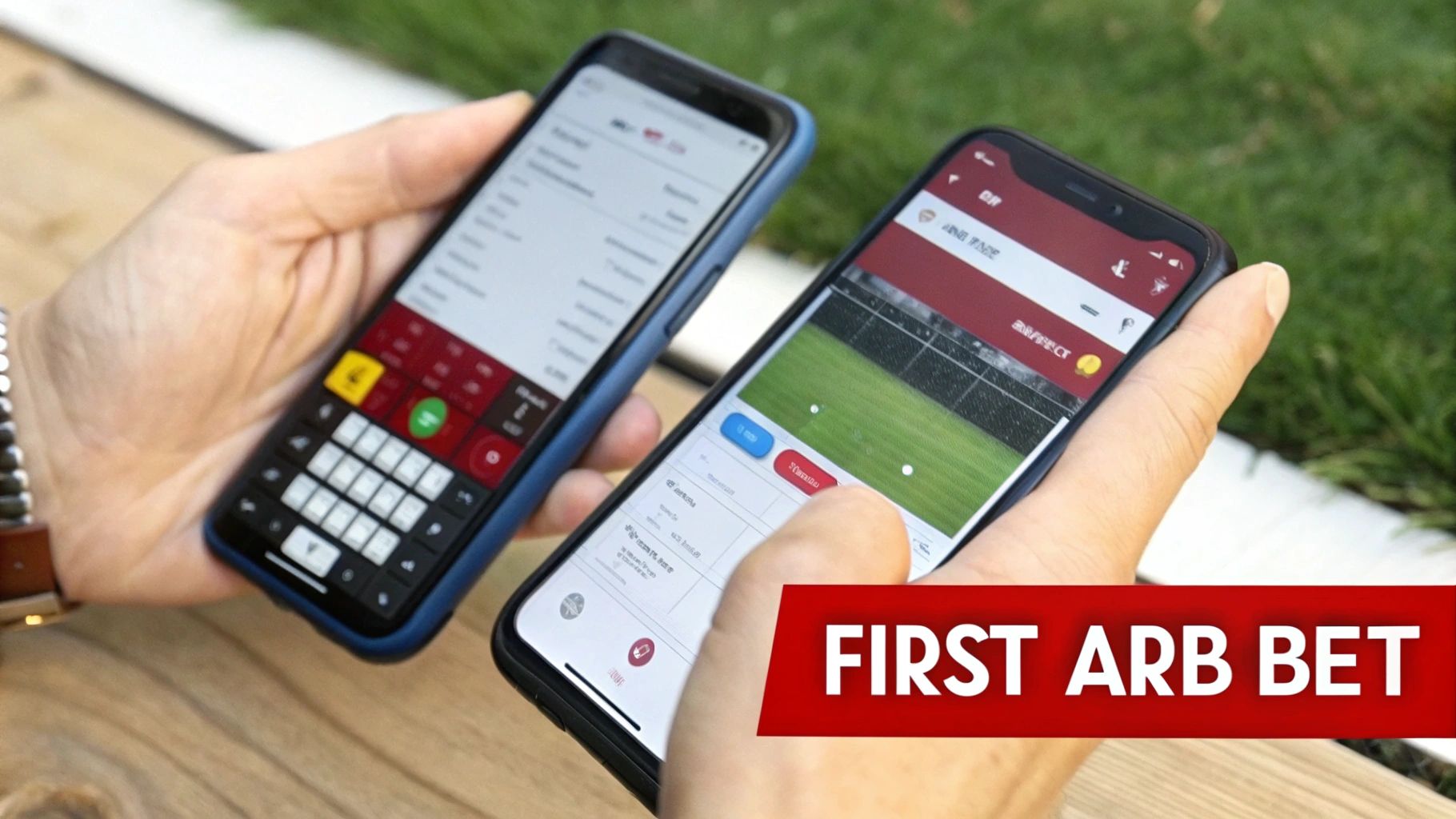Your Guide to Using an Arb Betting Calculator for Profit 2 Two people hold smartphones displaying sports betting apps and a calculator for arbitrage betting.