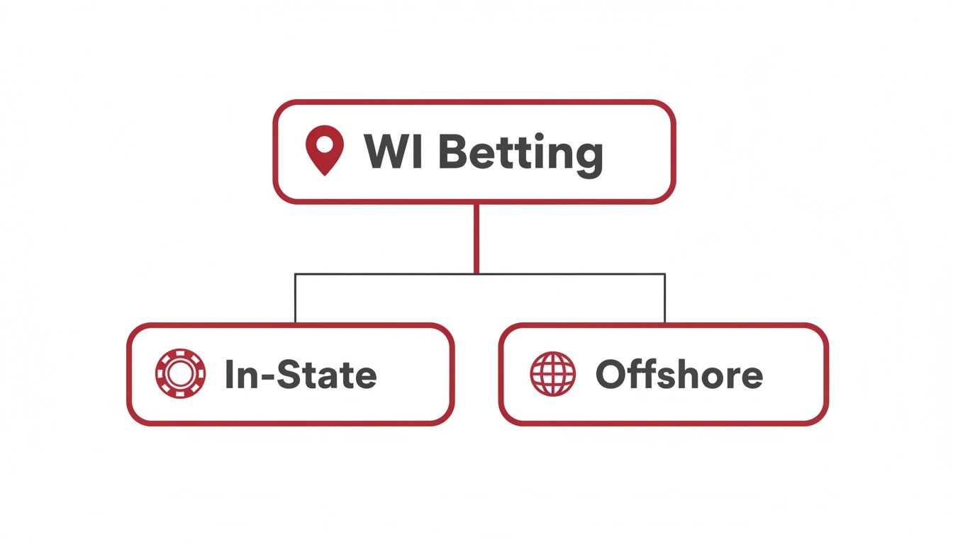 Wisconsin Sports Betting Your Ultimate Offshore Guide 1 A flowchart diagram illustrating Wisconsin betting options, categorized as In-State and Offshore.