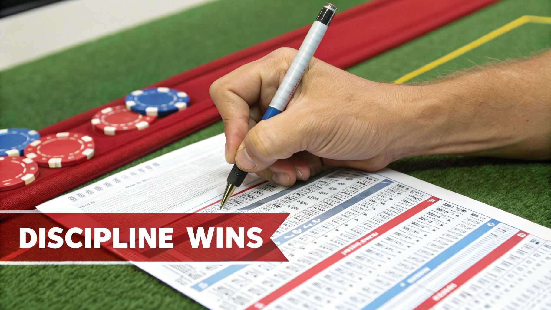 A hand writes on a sports betting slip with poker chips on a green table, emphasizing discipline.