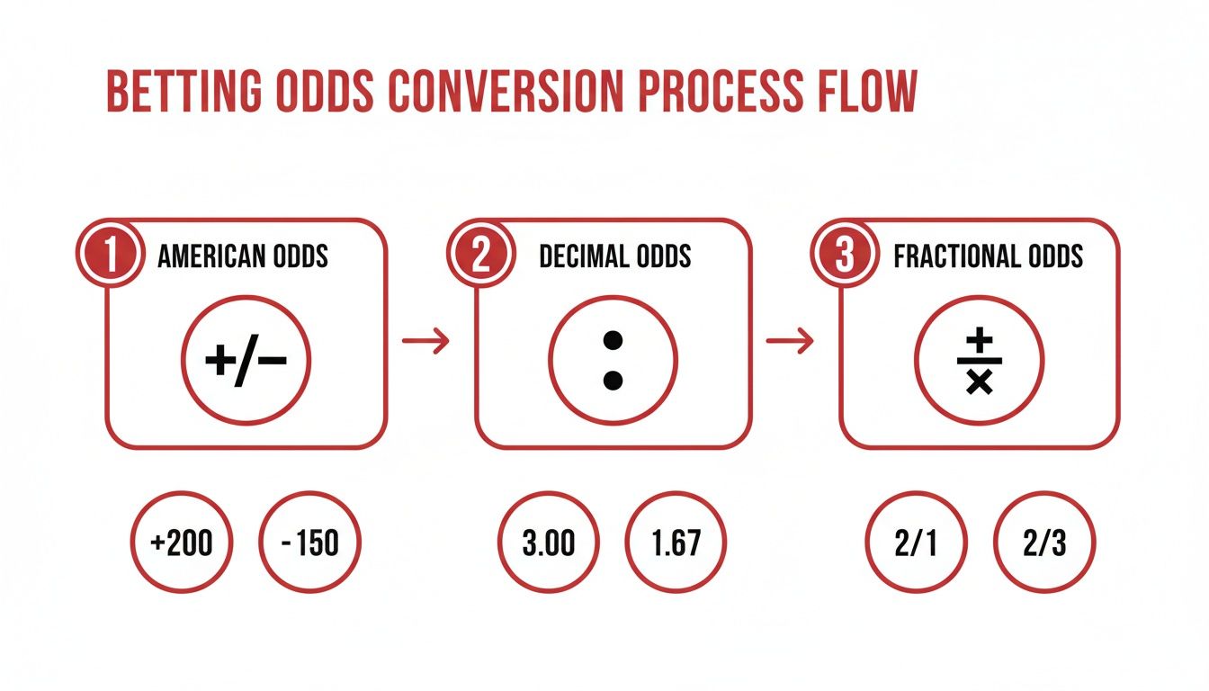 Diagram illustrating the conversion process flow between American, Decimal, and Fractional betting odds with examples.