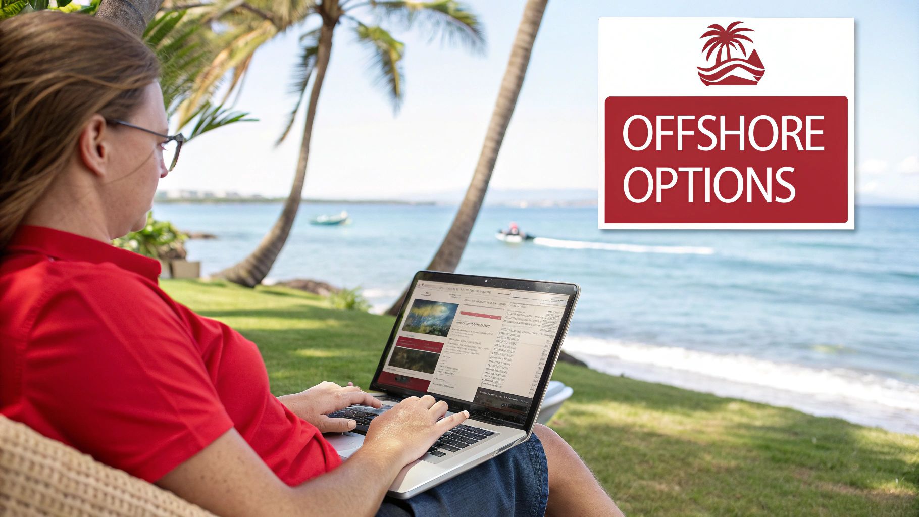Person in red shirt working on a laptop on a tropical beach, with an 'Offshore Options' sign.
