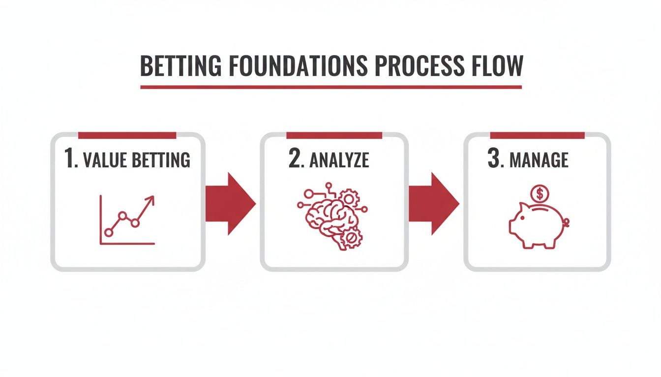 Infographic detailing the three-step Betting Foundations Process Flow: Value Betting, Analyze, Manage.
