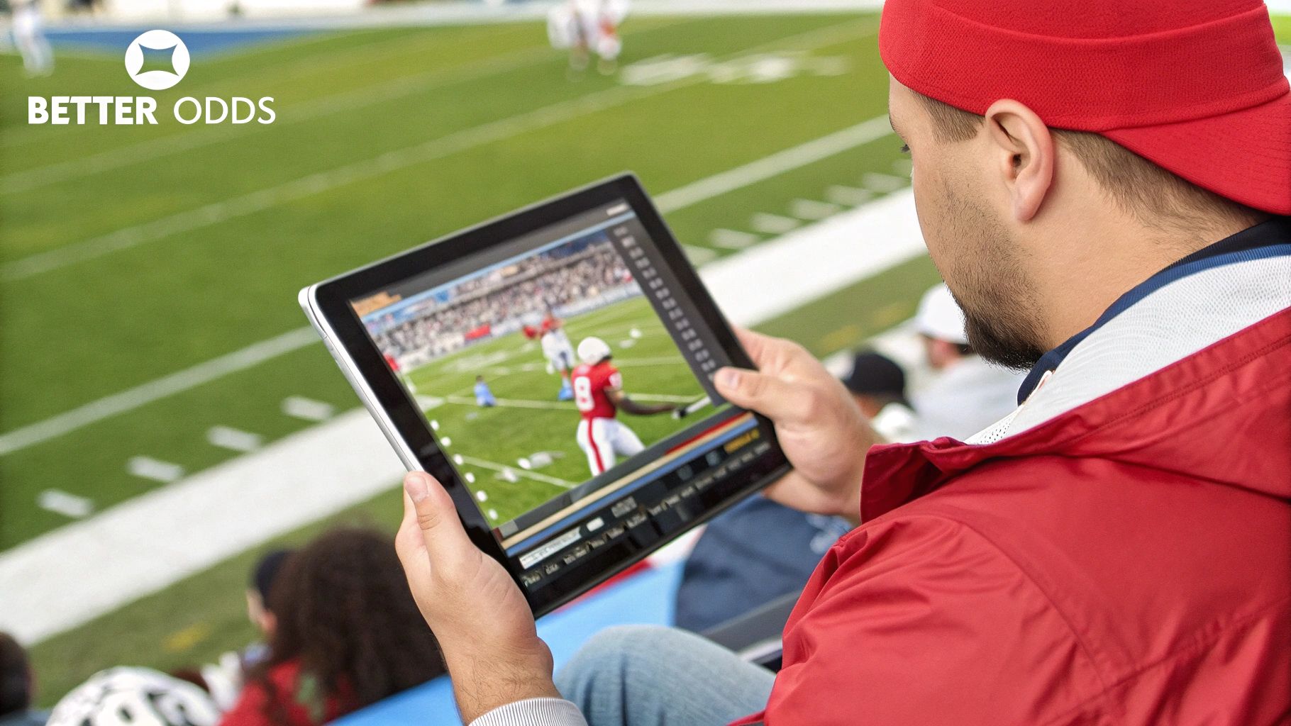 A person using a smartphone to place a sports bet, with the BetOnline logo visible.