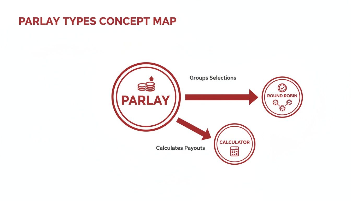 Concept map illustrating parlay types, showing round robin group selections and a payout calculator.