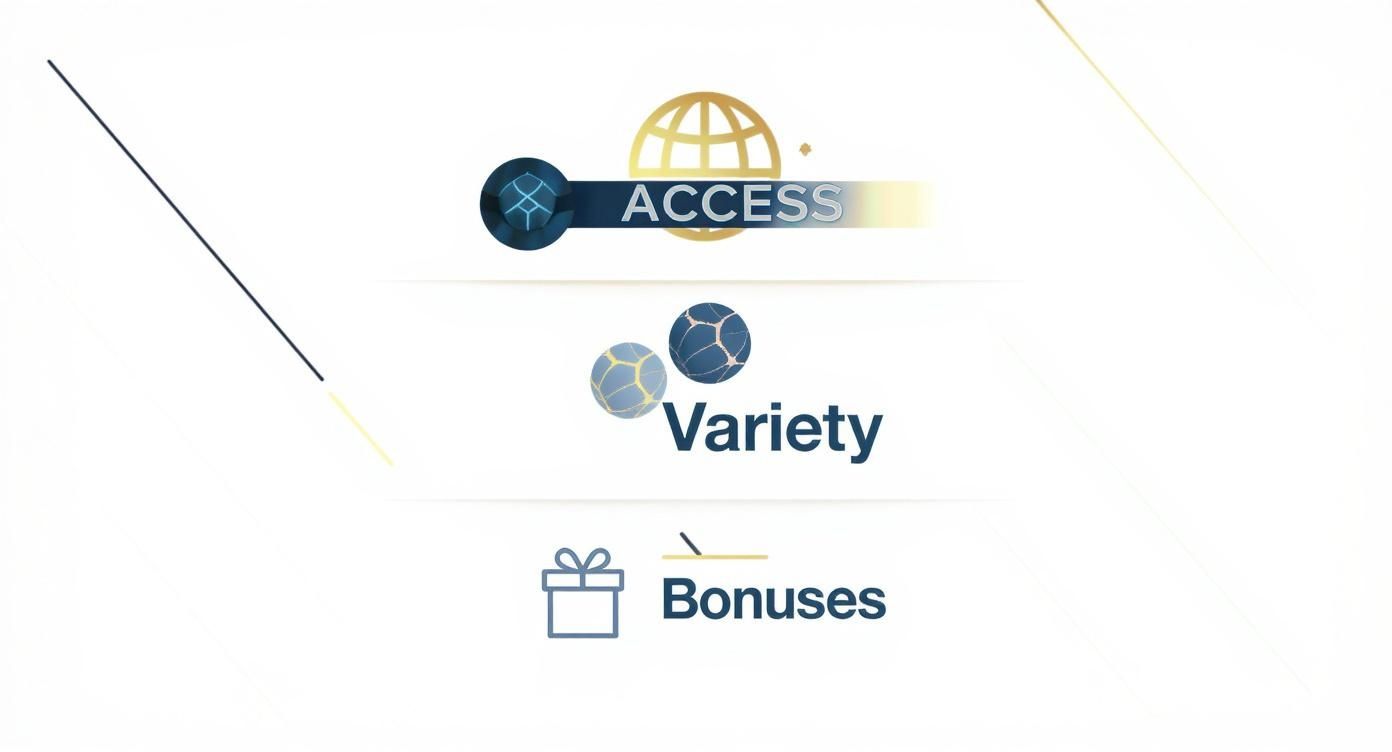 Legal Online Sports Betting Your Ultimate Guide 2 Infographic showcasing the main benefits of offshore sports betting including global access, betting variety, and generous bonuses.