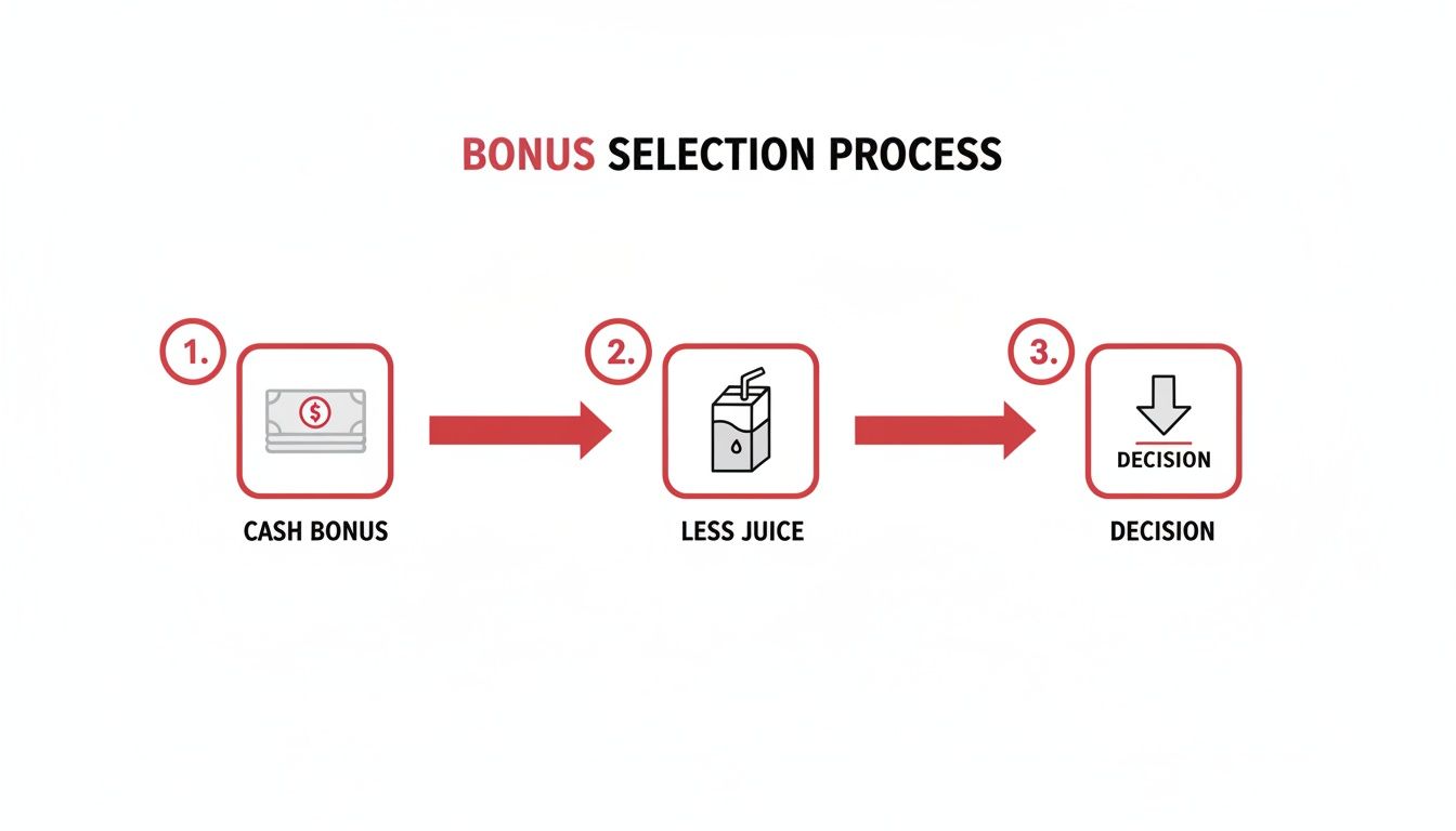 A Bettor's Guide to the Betanysports Deposit Bonus 2 Flowchart illustrating a bonus selection process with three steps: Cash Bonus, Less Juice, and Decision.