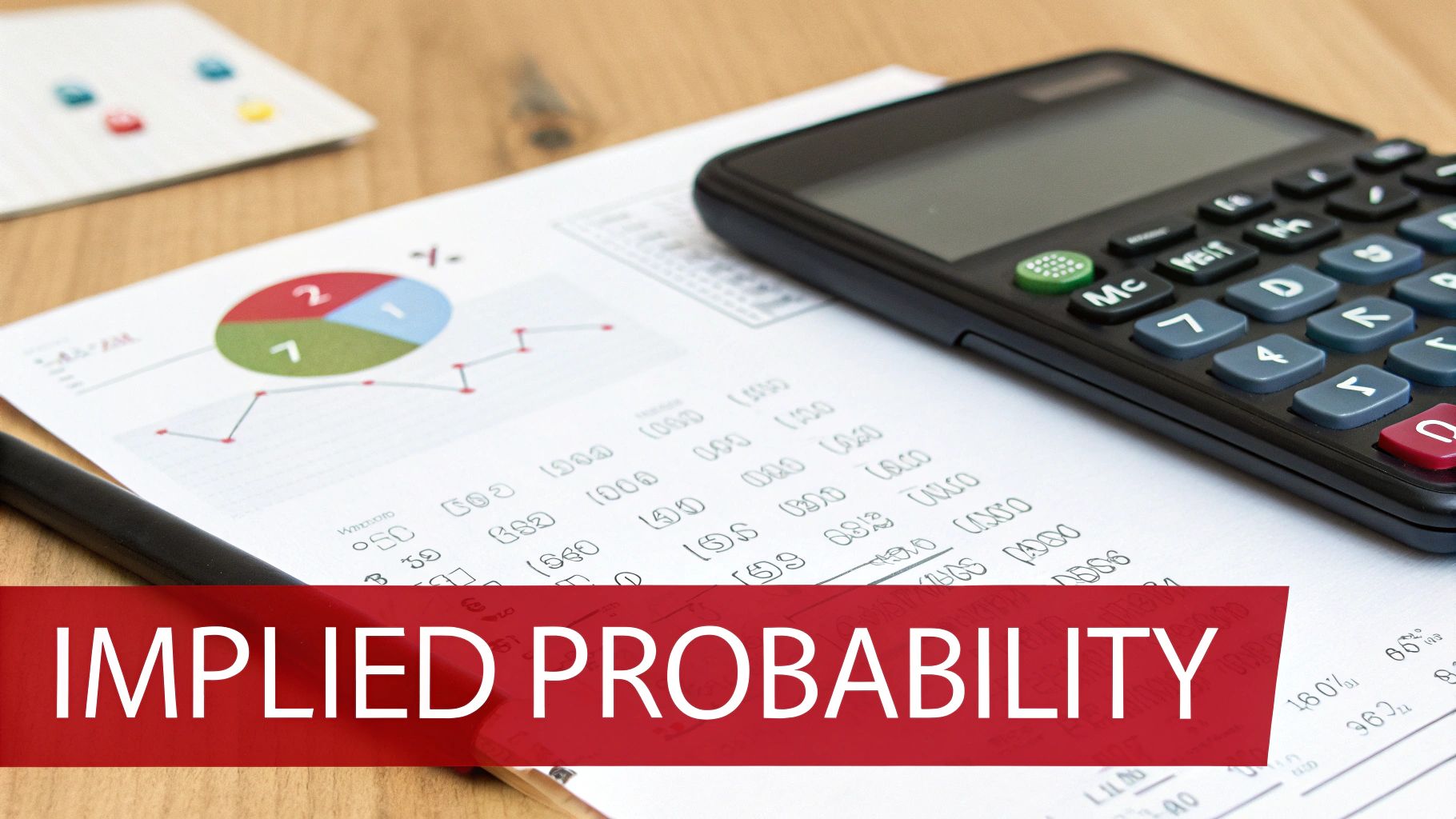 A document with financial charts and numbers, a calculator, and a pen, featuring 'IMPLIED PROBABILITY' text.