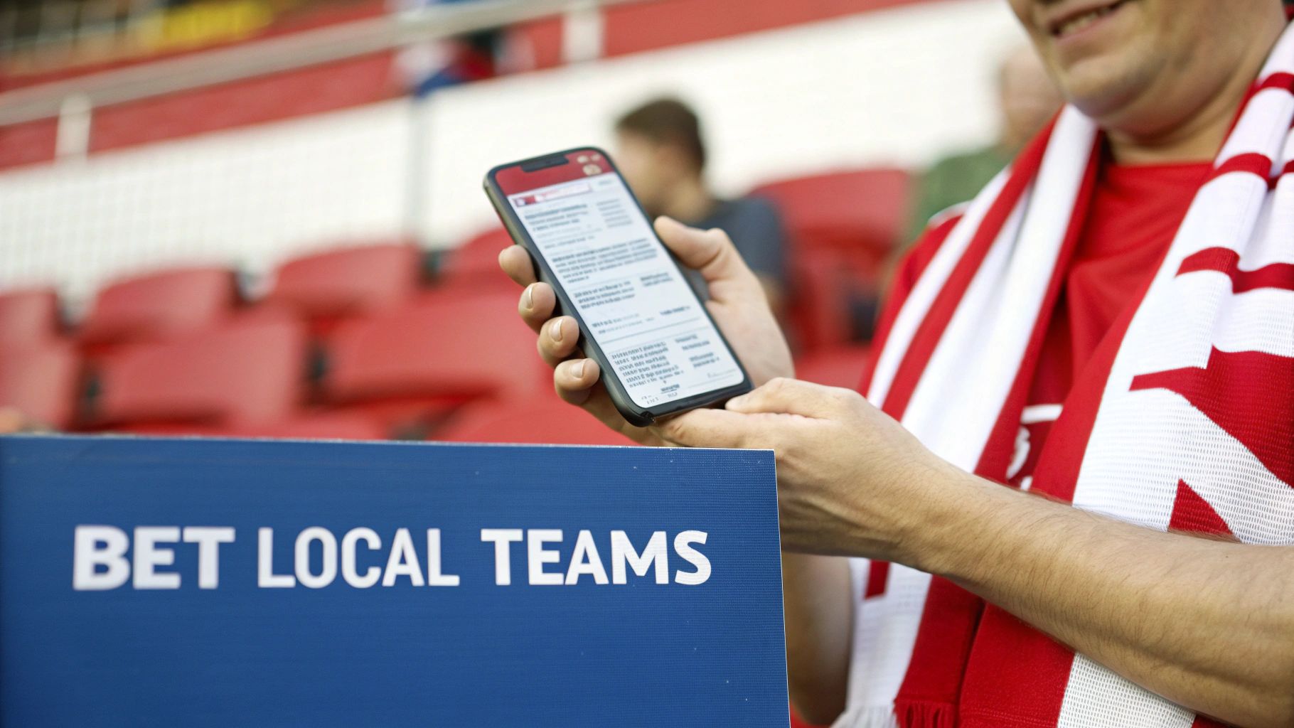 A smiling sports fan holds a smartphone in a stadium, with a 'BET LOCAL TEAMS' sign.