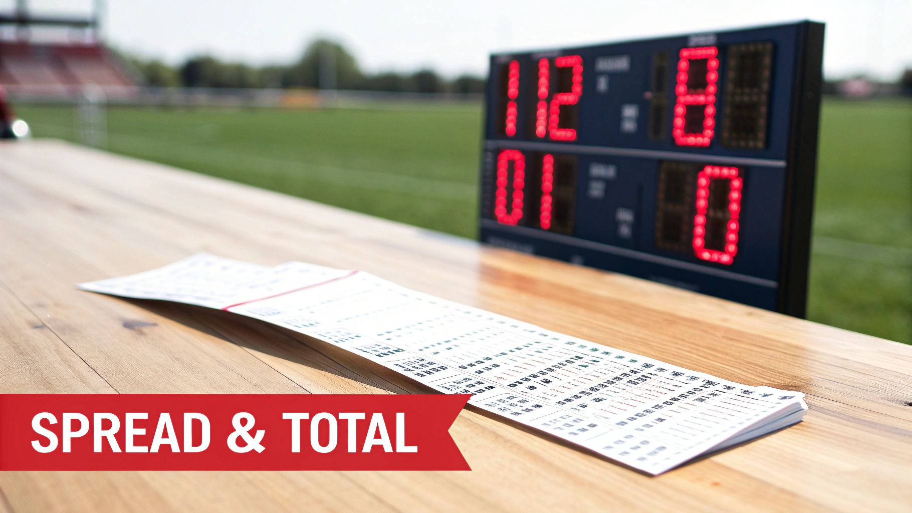 A scoreboard displaying game statistics on a sports field, with game sheets and betting odds text.