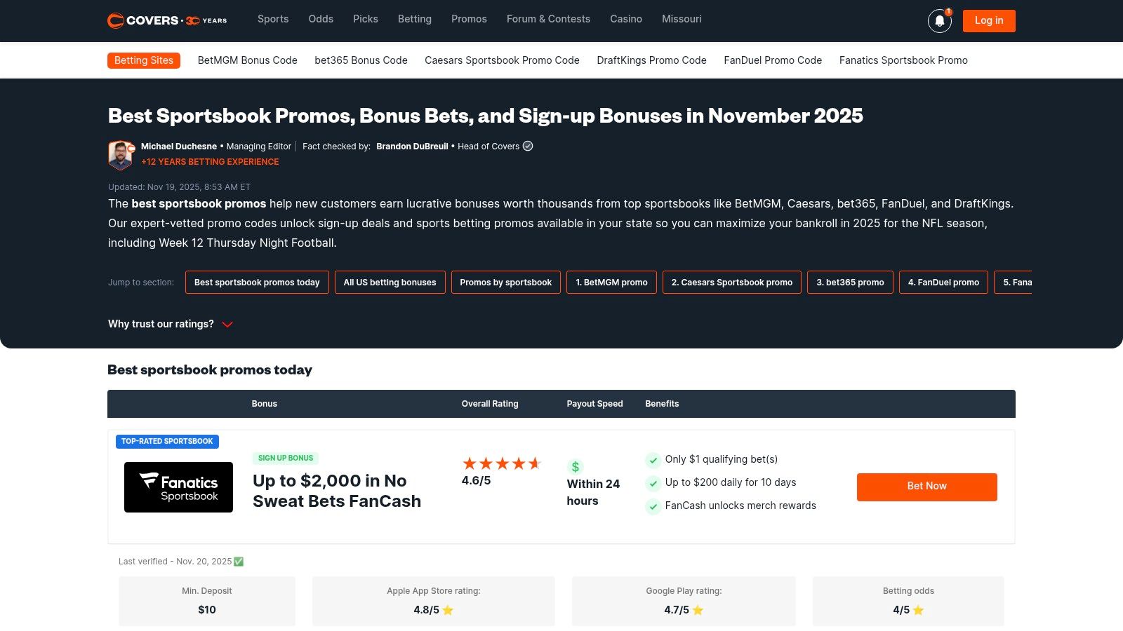 Covers – Best Sportsbook Bonuses