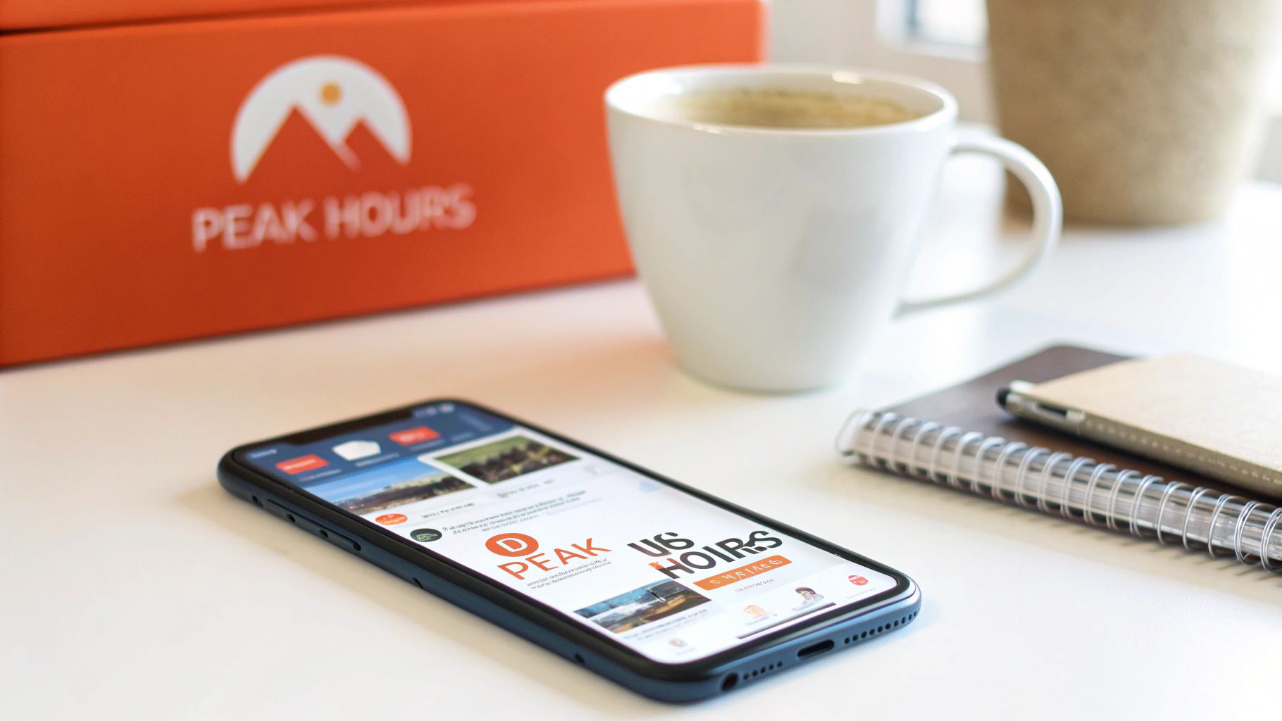 A clean desk setup featuring an iPhone displaying the 'Peak Hours' app, coffee, and notebooks.