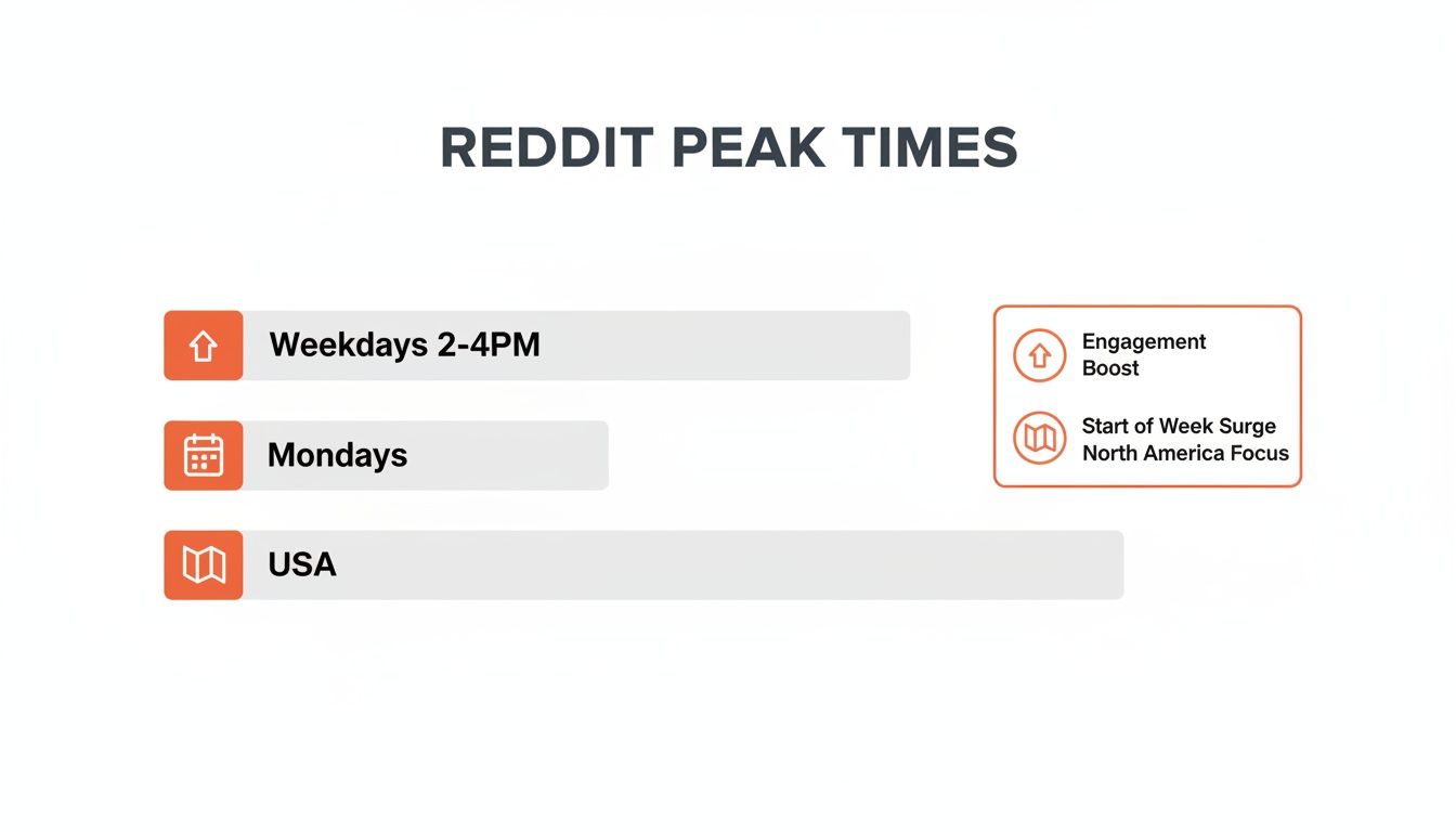 Infographic detailing Reddit peak times for maximum engagement, highlighting weekdays 2-4PM, Mondays, and USA focus.