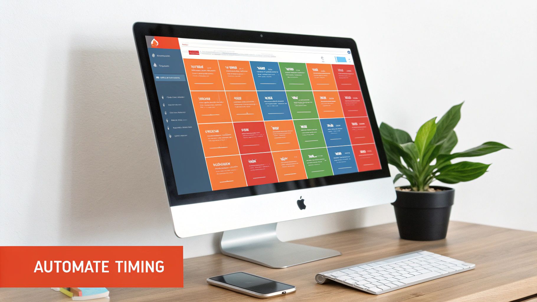 An iMac displaying a colorful grid dashboard application on a wooden desk with a smartphone and keyboard.