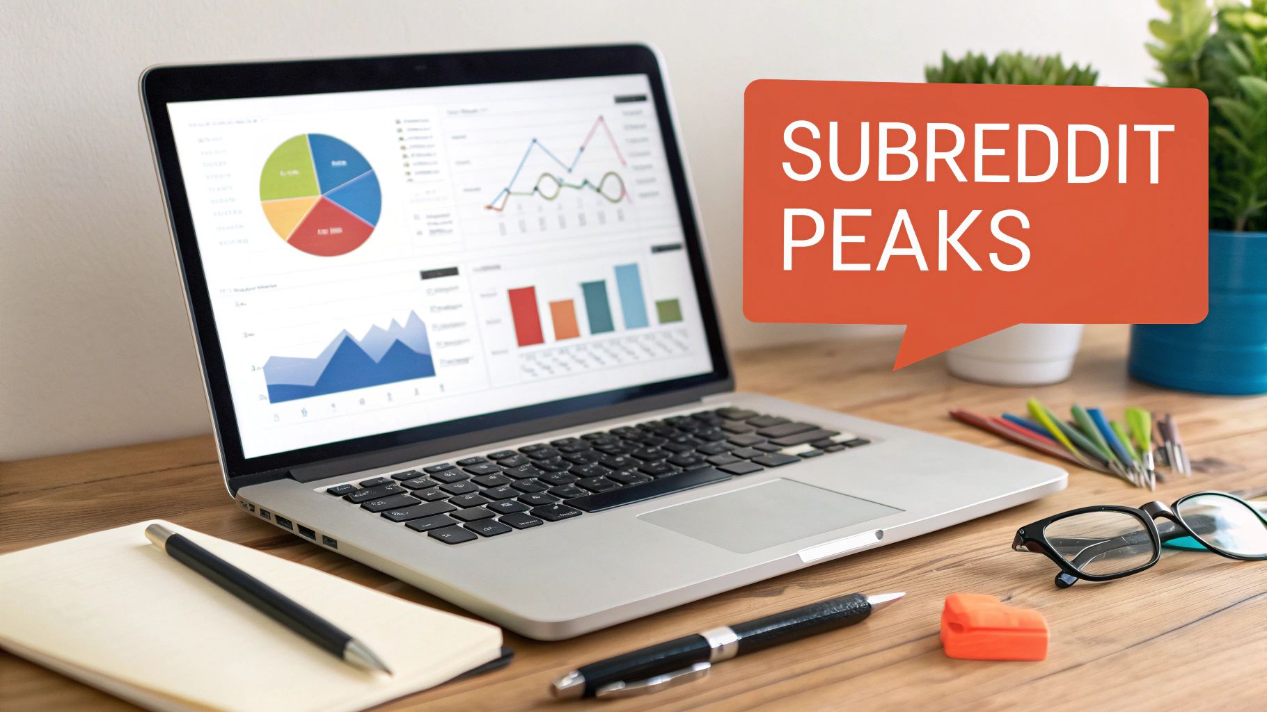 A laptop displaying charts and graphs about 'SUBREDDIT PEAKS' on a wooden desk with office supplies.