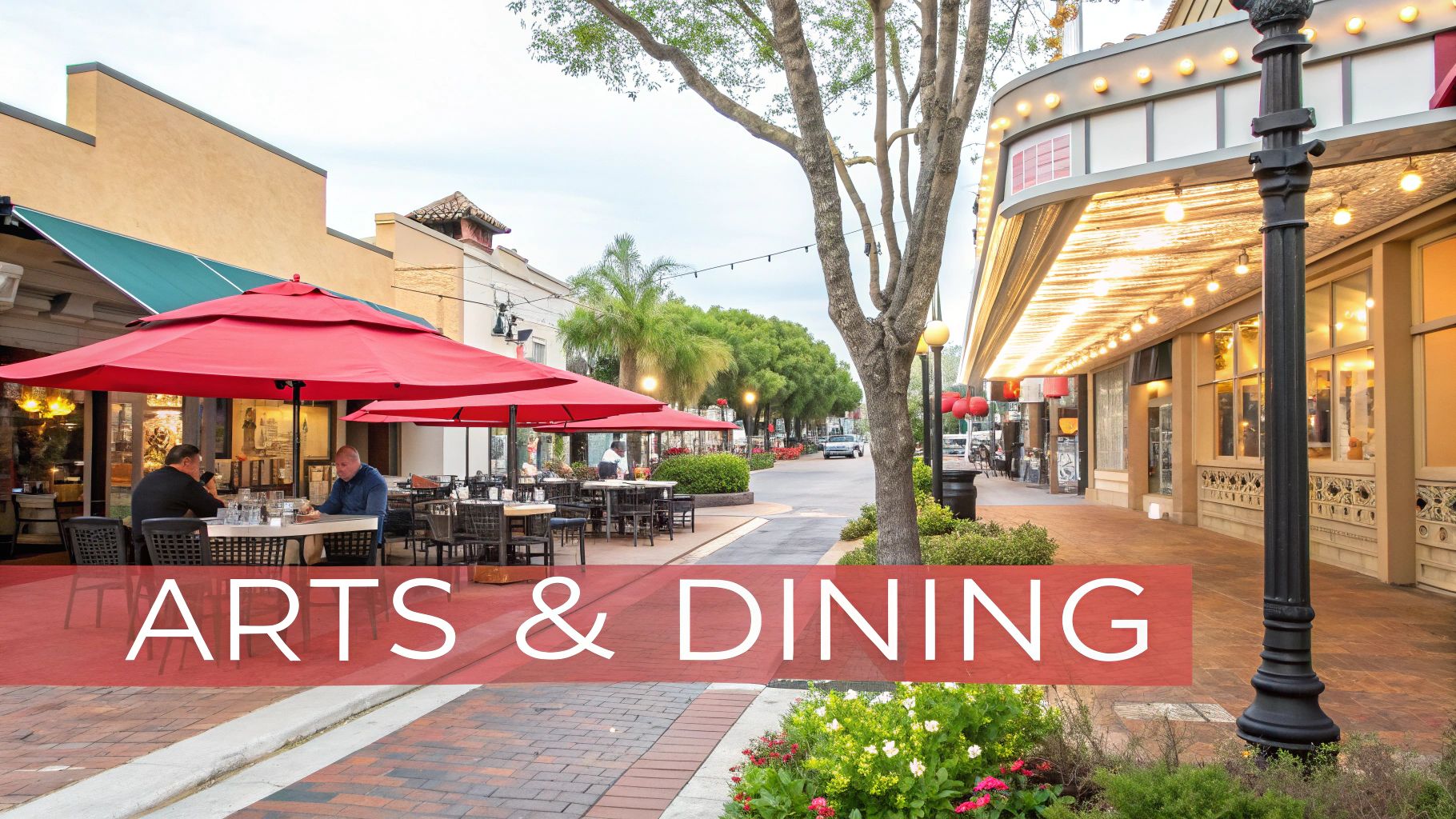 A lively street scene featuring outdoor dining under red umbrellas, people, and a brightly lit theater marquee.