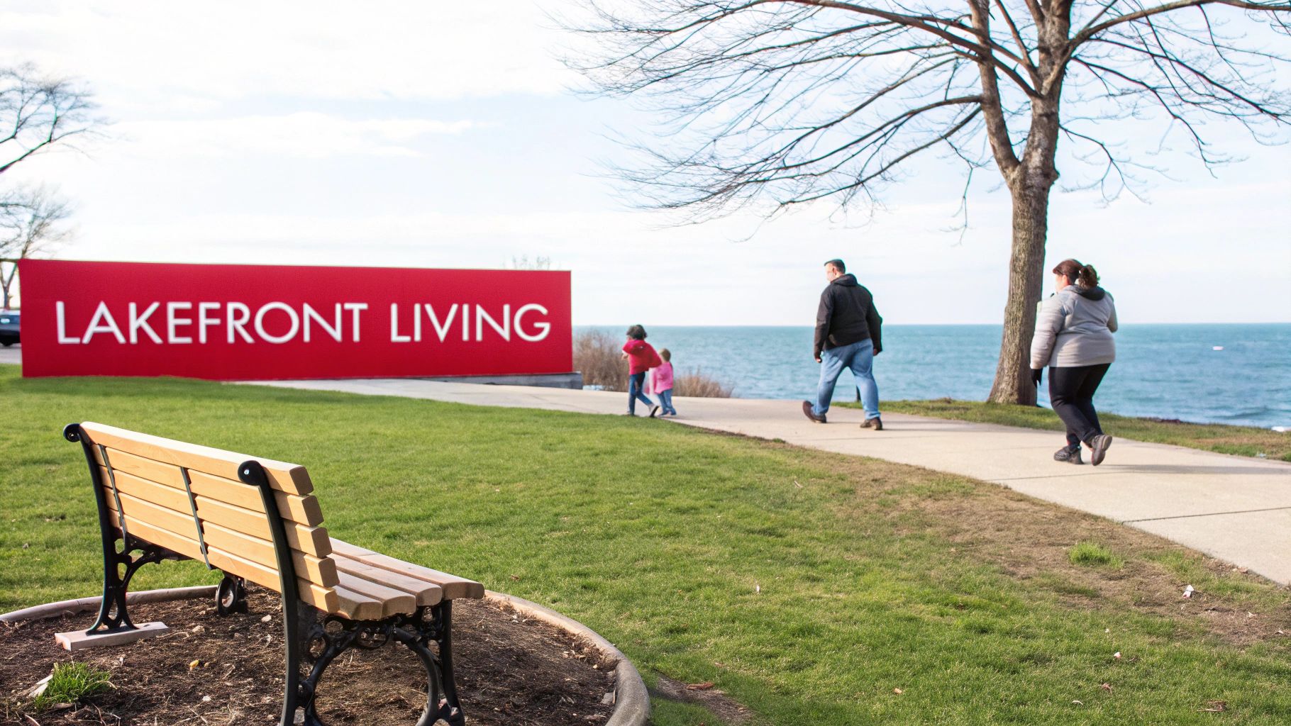 Families enjoying a walk by the lake next to a 'LAKEFRONT LIVING' sign in a park.