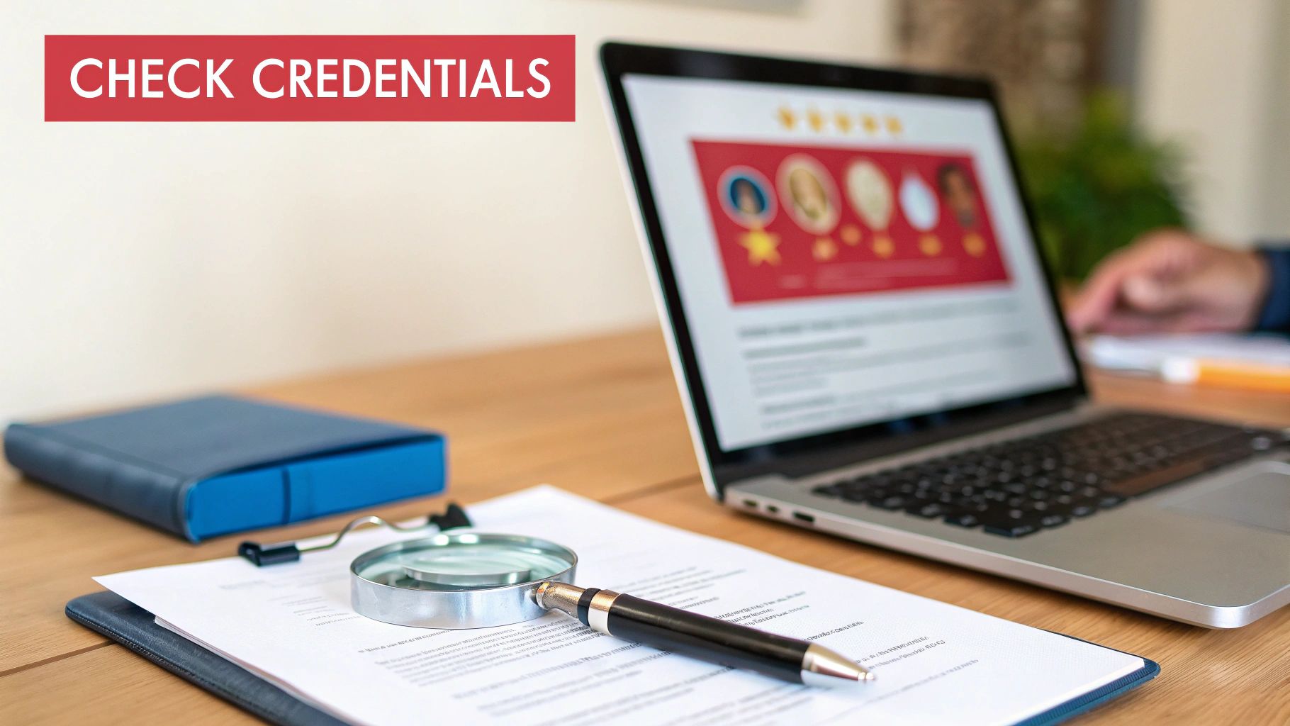 A person examining a document with a magnifying glass, symbolizing the vetting process for a real estate investor.
