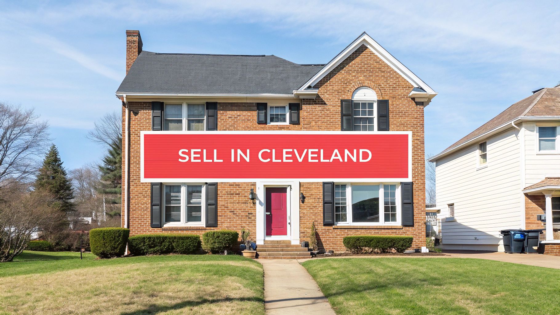 Two-story brick house with red door and banner reading sell in Cleveland Ohio