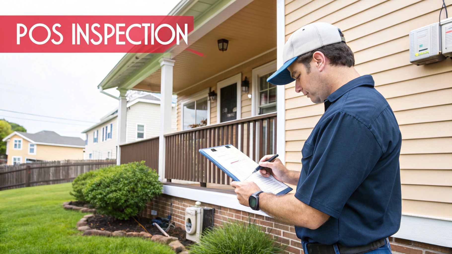 A home inspector wearing a cap writes on a clipboard outside a residential house, performing a property inspection.