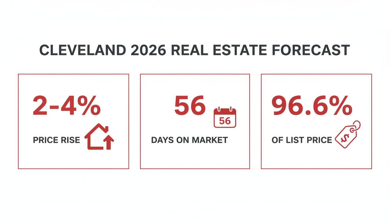 Cleveland 2026 real estate forecast showing 2-4% price rise, 56 days on market, and 96.6% of list price.