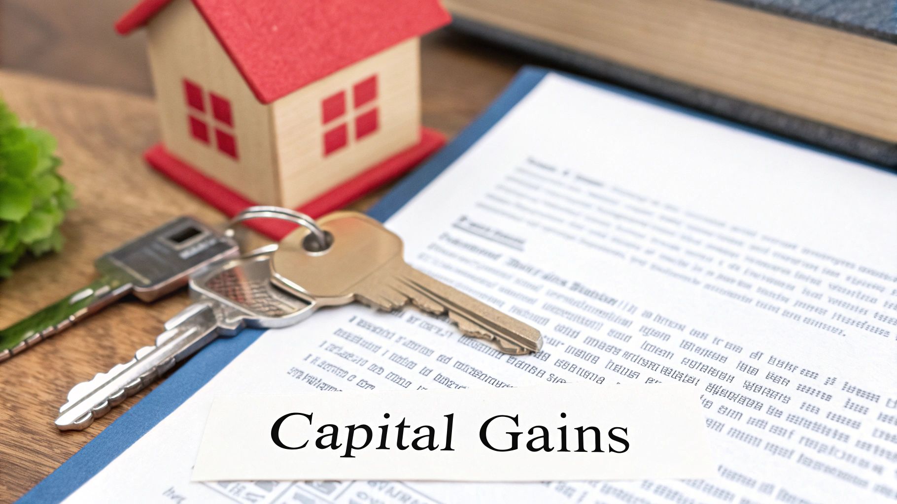 A modern home with a calculator and keys, symbolizing the calculation of capital gains tax.