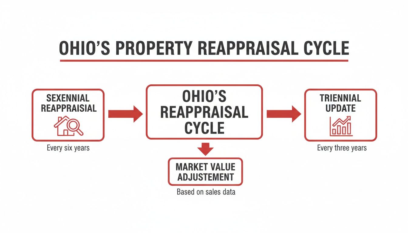 Flowchart illustrating Ohio's property reappraisal cycle with sexennial reappraisals, triennial updates, and market value adjustments.