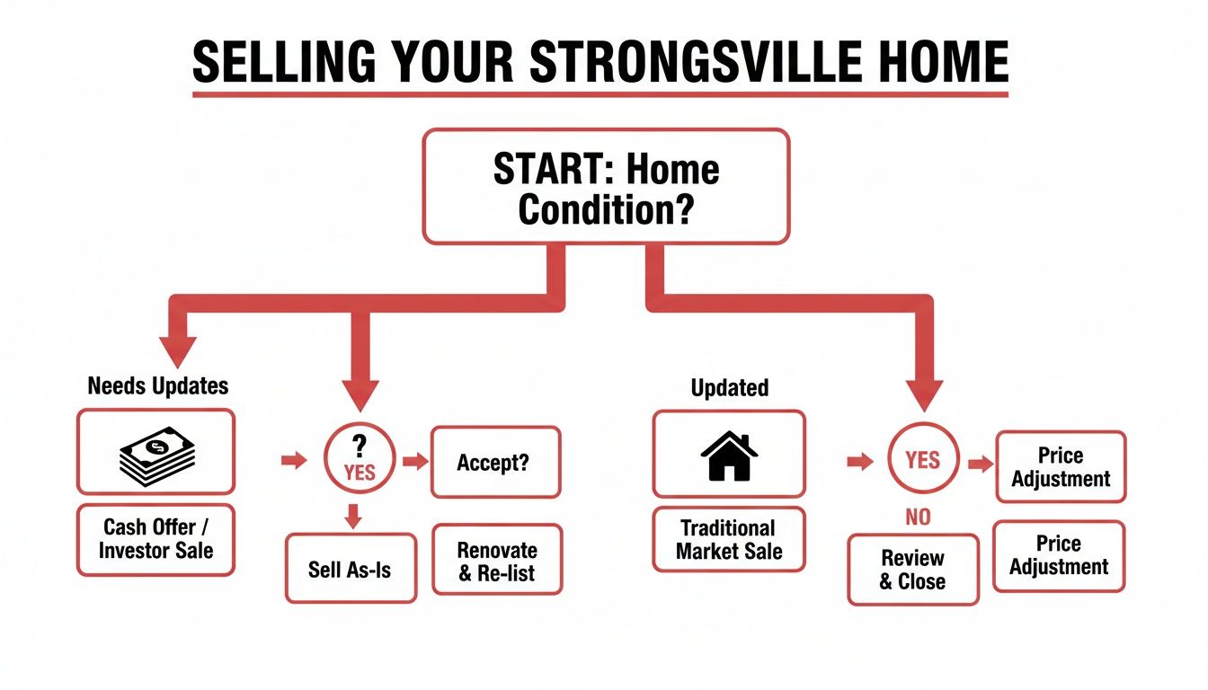 Flowchart illustrating the process of selling a home in Strongsville, Ohio, based on its condition.