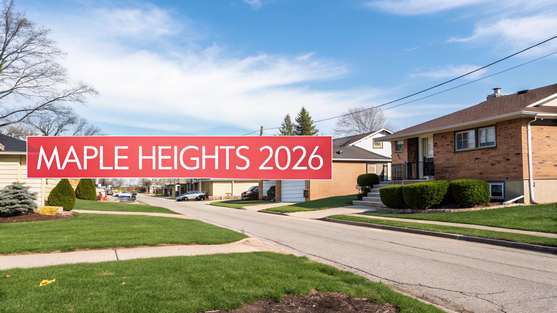 Suburban street with houses and a prominent red banner 'Maple Heights 2026' in the sky.