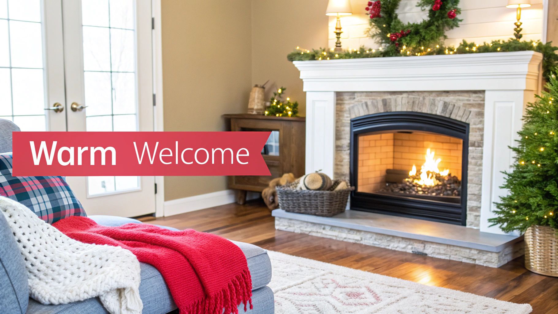 A cozy living room decorated for winter with a lit fireplace, Christmas tree, and soft blankets.